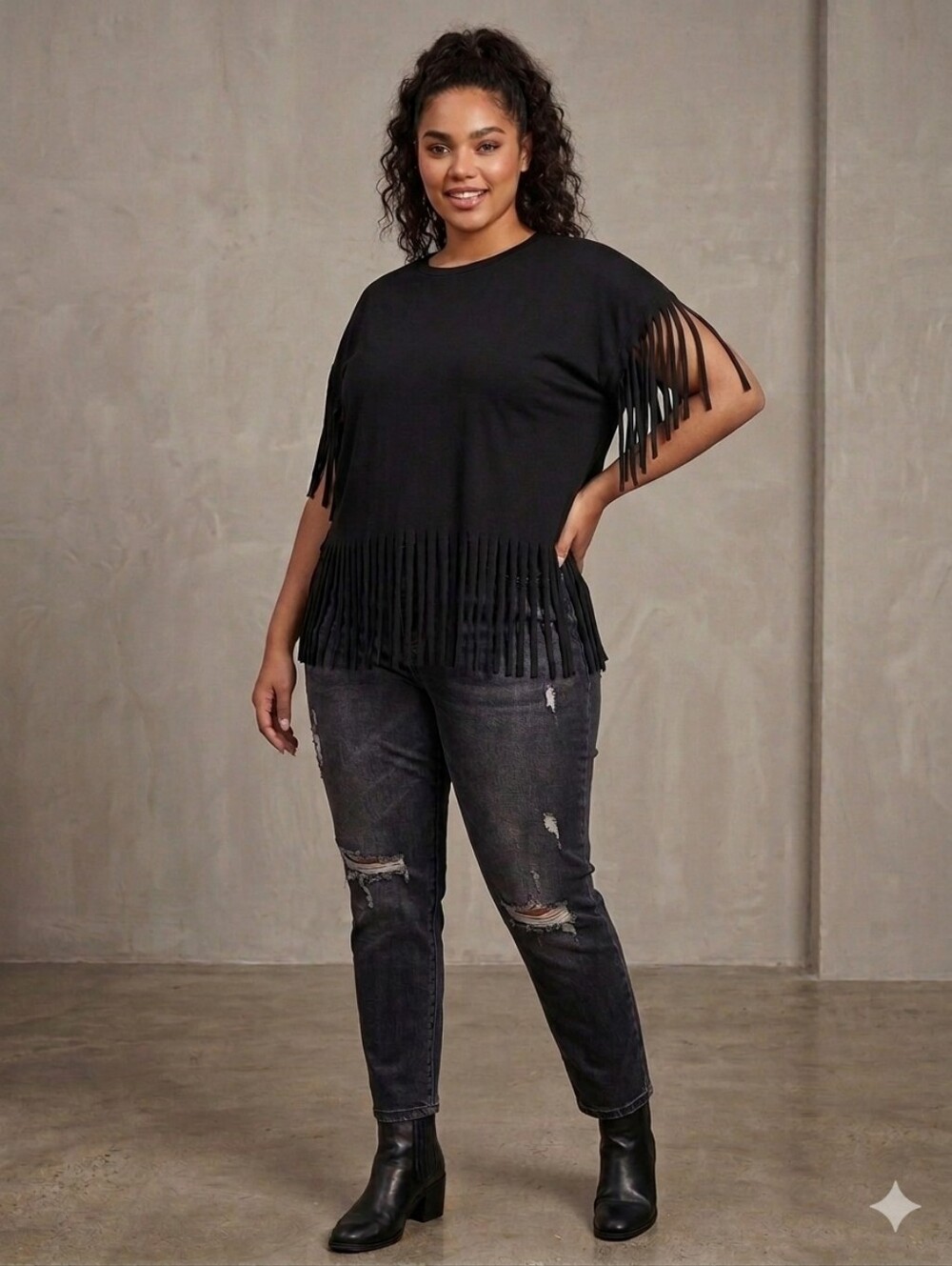 Shein Black Fringe Short Sleeve Top